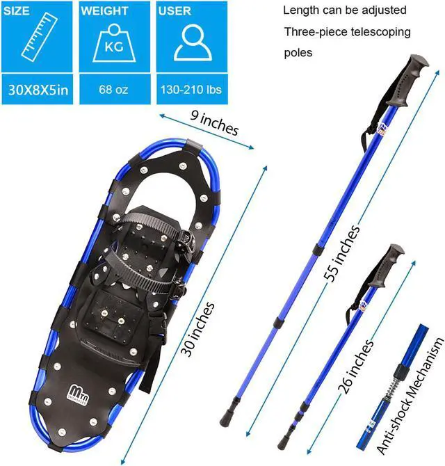 Alt view image 5 of 7 - Snowshoes, Aluminum Snow Shoes for Men and Women with Snowshoes Poles, Outbound Snowshoes with Carrying Bag and Adjustable Trekking Poles, Adult Snowshoe Kit 30 Blue