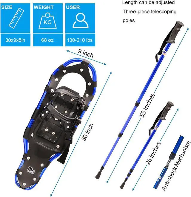 Alt view image 4 of 7 - Snowshoes, Aluminum Snow Shoes for Men and Women with Snowshoes Poles, Outbound Snowshoes with Carrying Bag and Adjustable Trekking Poles, Adult Snowshoe Kit 30 Blue