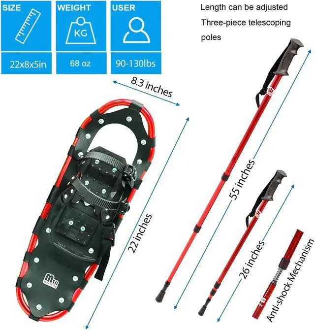 Alt view image 4 of 6 - Snowshoes, Aluminum Snow Shoes for Men and Women with Snowshoes Poles, Outbound Snowshoes with Carrying Bag, Adult Snowshoe Kit 22 Red