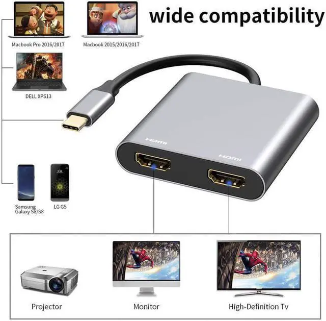 Alt view image 5 of 5 - USB C to Dual HDMI Adapter, Dual Monitors Adapter USB C Adapter USB C Hub with 2 HDMI Docking Station 4K @60hz for Laptop HP/Dell/Surface/Lenovo/Thinkpad/Chromebook