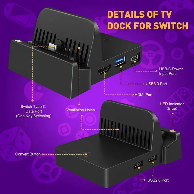 Alt view image 2 of 5 - TV Docking Station for Nintendo Switch, Switch OLED, WEGWANG Portable TV Switch Dock Station Replacement for Official Nintendo Switch with HDMI and USB 3.0 Port