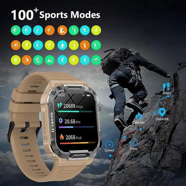 Alt view image 2 of 6 - Military Smart Watches for Men, IP68 Waterproof Smart Watch with Bluetooth Call ,Fitness Tracker Watch with 100+ Sports Modes, Tactical Smartwatch for iPhone Android Phone(Khaki)