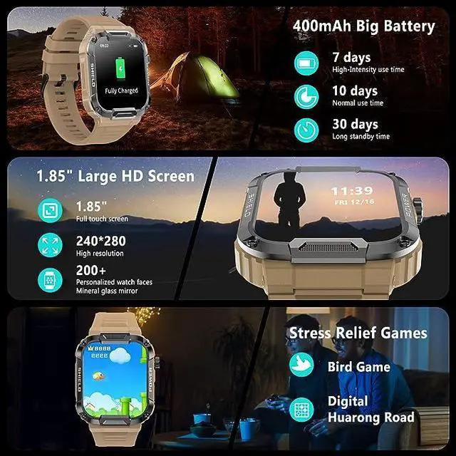 Alt view image 4 of 6 - Military Smart Watches for Men, IP68 Waterproof Smart Watch with Bluetooth Call ,Fitness Tracker Watch with 100+ Sports Modes, Tactical Smartwatch for iPhone Android Phone(Khaki)