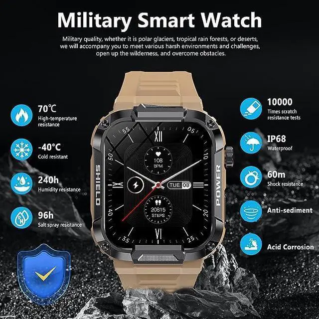 Alt view image 5 of 6 - Military Smart Watches for Men, IP68 Waterproof Smart Watch with Bluetooth Call ,Fitness Tracker Watch with 100+ Sports Modes, Tactical Smartwatch for iPhone Android Phone(Khaki)