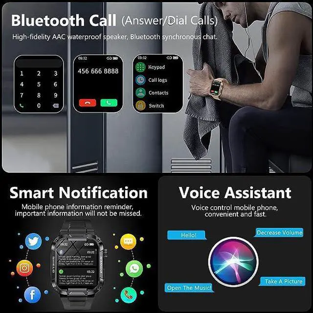 Alt view image 6 of 6 - Military Smart Watches for Men, IP68 Waterproof Smart Watch with Bluetooth Call ,Fitness Tracker Watch with 100+ Sports Modes, Tactical Smartwatch for iPhone Android Phone(Khaki)