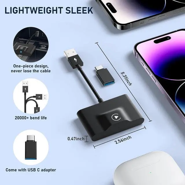 Alt view image 2 of 7 - CarPlay Wireless Adapter for Factory Wired CarPlay 2023 Upgrade Plug & Play Dongle Converts Wired to Wireless for Cars from 2015 & iPhone iOS 10+