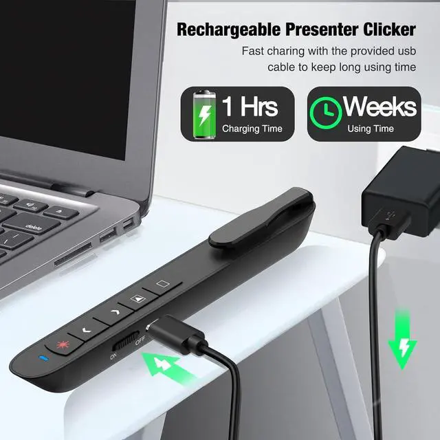 Alt view image 2 of 5 - Presentation Clicker Green Laser Pointer, Rechargeable PowerPoint Clicker Wireless Presenter Remote, RF 2.4GHz USB Presentation Pointer Slide Advancer with Hyperlink Volume Control for Mac Computer