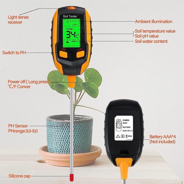 Alt view image 2 of 6 - 4-in-1 Soil Moisture Meter ,Digital Plant Temperature/Soil Moisture/PH Meter/Sunlight Intensity/Environment Humidity Backlight LCD display Soil Test Meter for Gardening, Farming,and Outdoor Plants