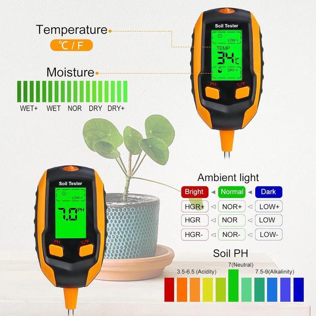 Alt view image 3 of 6 - 4-in-1 Soil Moisture Meter ,Digital Plant Temperature/Soil Moisture/PH Meter/Sunlight Intensity/Environment Humidity Backlight LCD display Soil Test Meter for Gardening, Farming,and Outdoor Plants