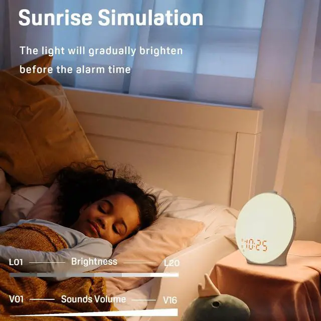 Alt view image 4 of 6 - Wake Up Light Sunrise Alarm Clock for Kids, Heavy Sleepers, Bedroom, with Sunrise Simulation, Sleep Aid, Dual Alarms, FM Radio, Snooze, Nightlight, Daylight, 7 Colors, 7 Natural Sounds, Ideal for Gift