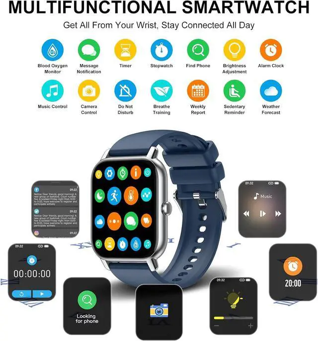 Alt view image 2 of 7 - Smart Watch (Answer/Make Calls), 1.85" Smart Watches for Men Women 110+ Sport Modes Fitness Watch with Sleep Heart Rate Monitor, Pedometer, IP68 Waterproof Smartwatch for iOS Android Watch Silver Blue