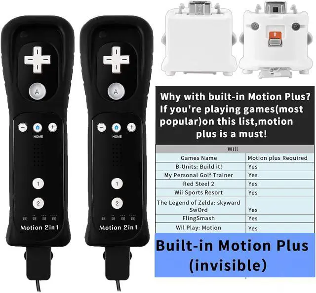 Alt view image 3 of 6 - 2 Pack Wii Remote Controller with Nunchuk Controller,Wireless Controller with Built in Motion Plus for Nintendo Wii & Wii U Console(Black)