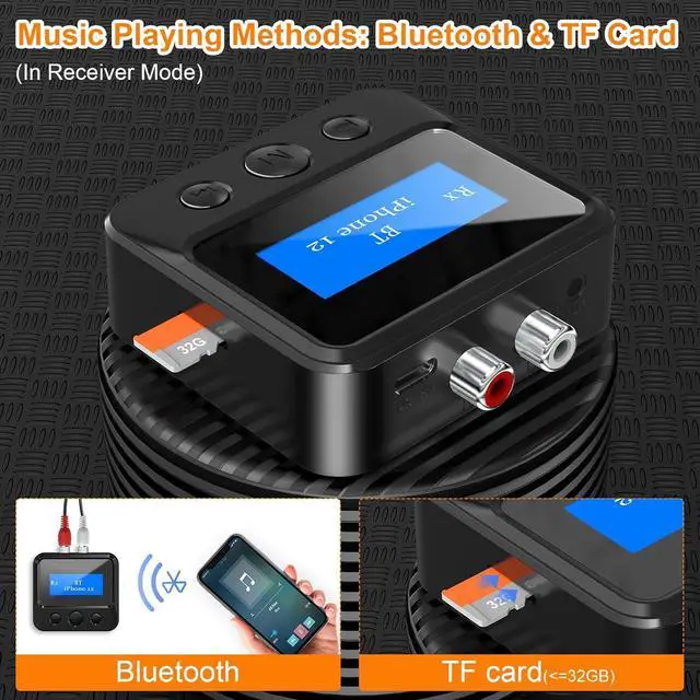 Alt view image 4 of 7 - Bluetooth Transmitter Receiver for TV, Bluetooth Receiver for Home Stereo with RCA 3.5mm AUX & Display, Music Audio Adapter for Headphones/Speakers/Airplane/Home Theater/PC/Car, with TF Card Output