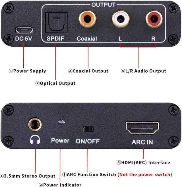 Alt view image 4 of 7 - HDMI ARC Adapter 192KHz HDMI ARC Audio Extractor with Digital Optical TOSLINK SPDIF Coaxial, HDMI ARC to RCA Audio Converter Analog 3.5mm L/R Stereo, Audio Splitter for HDTV Soundbar Amplifier