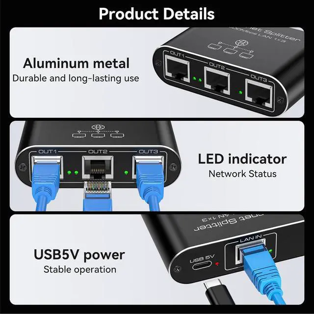 Alt view image 6 of 7 - Ethernet Splitter 1 to 3 1000Mbps High Speed Internet Splitter LAN Splitter Ethernet Switch Either Network Splitter Supports Simultaneous Networking of 3 Devices Works with Cat6/7/8 Cables