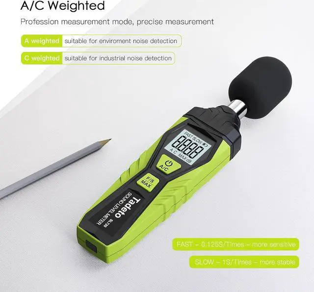 Alt view image 2 of 7 - Decibel Meter, Digital Sound Level Meter Portable SPL Meter 30dB to 130dB MAX Data Hold with LCD Display Backlight A/C Weighted for Home Factories