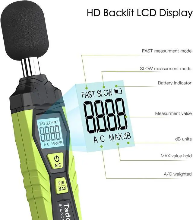 Alt view image 4 of 7 - Decibel Meter, Digital Sound Level Meter Portable SPL Meter 30dB to 130dB MAX Data Hold with LCD Display Backlight A/C Weighted for Home Factories