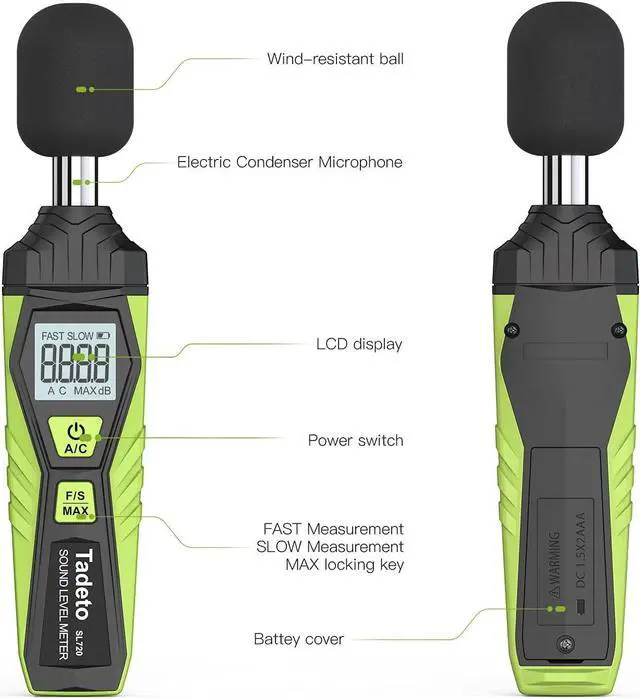 Alt view image 6 of 7 - Decibel Meter, Digital Sound Level Meter Portable SPL Meter 30dB to 130dB MAX Data Hold with LCD Display Backlight A/C Weighted for Home Factories