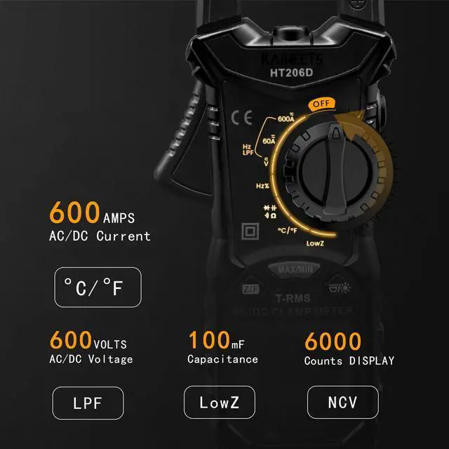 Alt view image 2 of 7 - HT206D Digital Clamp Meter T-RMS 6000 Counts, Multimeter Voltage Tester Auto-ranging, Measures Current Voltage Temperature Capacitance Resistance Diodes Continuity Duty-Cycle (AC/DC Current)