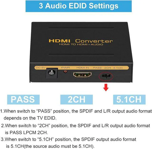 Alt view image 5 of 7 - 4K HDMI Audio Extractor Splitter, 1080P HDMI to HDMI Audio Converter + Optical Toslink SPDIF + L/R Stereo Analogue Audio, HDMI Audio Adapter for Fire Stick, Blu-ray Player (4K 30Hz Black)