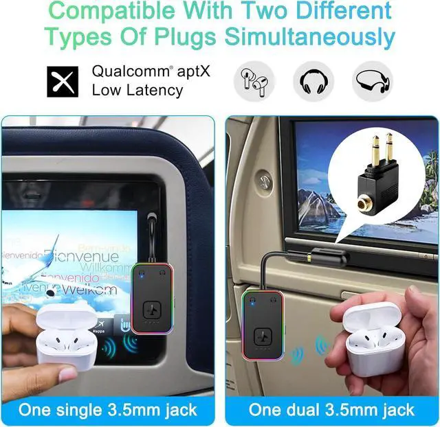 Alt view image 5 of 6 - 2024 Upgraded Pro Aircraft Bluetooth 5.4 Transmitter for All Headphones, aptX LL, Supports 2 Headphones/AirPods, Wireless Audio Adapter for In-Flight, TV, Gym, Tablet, Metal Frame