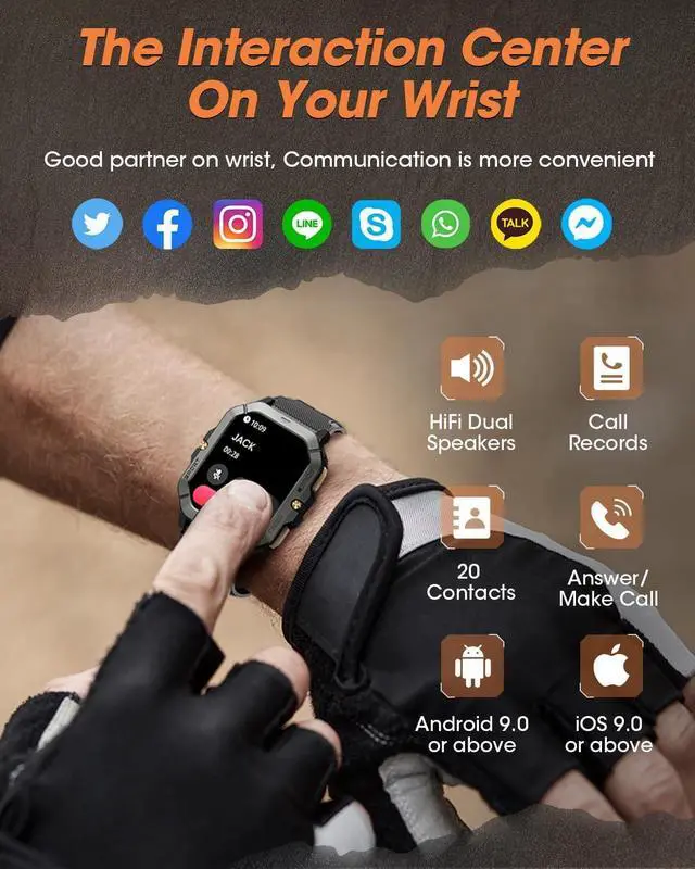 Alt view image 3 of 6 - Men's Military Smartwatch (Answer/Dial), 2.02-Inch Fitness Smartwatch for Android and iPhone, Waterproof Fitness Tracker with Blood Pressure/Heart Rate/Sleep/100+ Sports Mode, Men's Watch