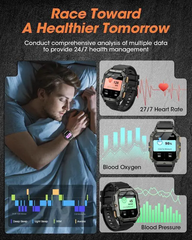 Alt view image 5 of 6 - Men's Military Smartwatch (Answer/Dial), 2.02-Inch Fitness Smartwatch for Android and iPhone, Waterproof Fitness Tracker with Blood Pressure/Heart Rate/Sleep/100+ Sports Mode, Men's Watch