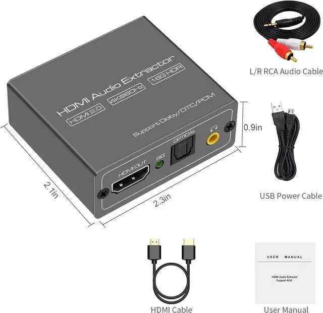 Alt view image 2 of 6 - 4K60Hz HDMI Audio Extractor Splitter Converter to Optical and 3.5mm and AUX Adapters Support 2.0 and 18Gpbs Bandwidth Digital DTS PCM HDR10