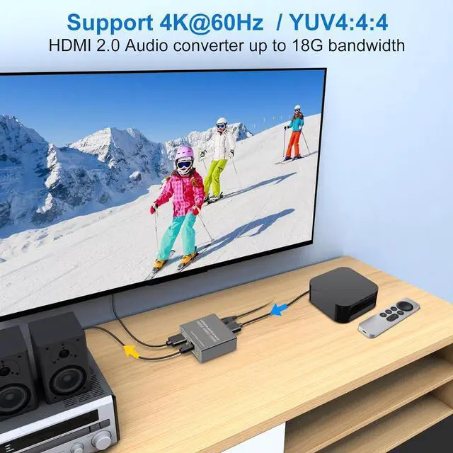 Alt view image 6 of 6 - 4K60Hz HDMI Audio Extractor Splitter Converter to Optical and 3.5mm and AUX Adapters Support 2.0 and 18Gpbs Bandwidth Digital DTS PCM HDR10