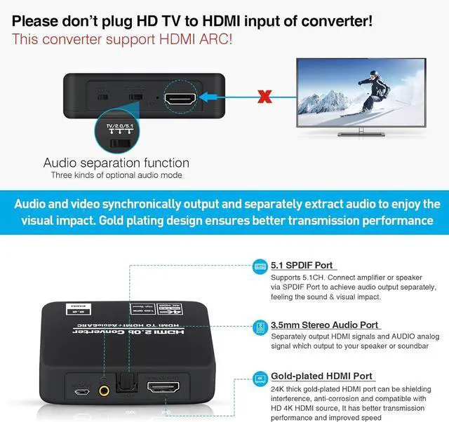 Alt view image 2 of 6 - 4K@60Hz HDMI 2.0b Audio Extractor Converter, HDMI to HDMI ARC + Optical Toslink SPDIF + 3.5mm Stereo Audio Output, HDMI Audio Splitter Adapter supporting HDCP2.2 Digital PCM DTS 5.1, including optical