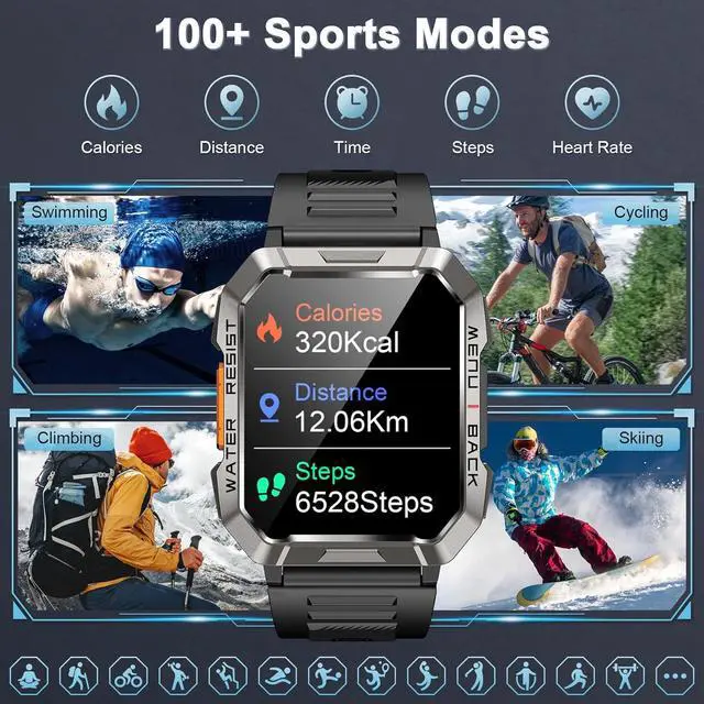 Alt view image 2 of 7 - Men's Military Smartwatch (Answer/Dial), Outdoor Sports Smartwatch with Flashlight/100 Day Battery/Compass/Heart Rate/SpO2/Sleep Monitor/2 Straps, Fitness Tracker for iPhone/Android Phones