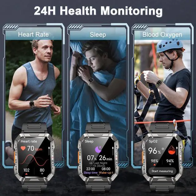 Alt view image 5 of 7 - Men's Military Smartwatch (Answer/Dial), Outdoor Sports Smartwatch with Flashlight/100 Day Battery/Compass/Heart Rate/SpO2/Sleep Monitor/2 Straps, Fitness Tracker for iPhone/Android Phones