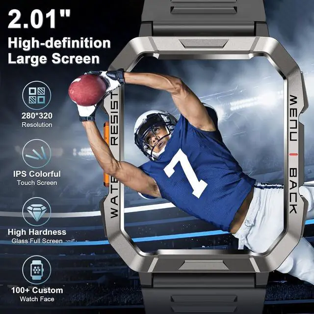 Alt view image 6 of 7 - Men's Military Smartwatch (Answer/Dial), Outdoor Sports Smartwatch with Flashlight/100 Day Battery/Compass/Heart Rate/SpO2/Sleep Monitor/2 Straps, Fitness Tracker for iPhone/Android Phones