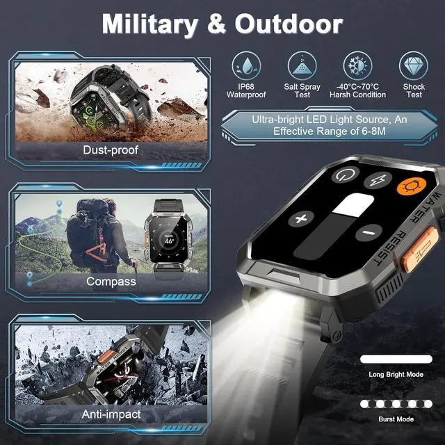Alt view image 7 of 7 - Men's Military Smartwatch (Answer/Dial), Outdoor Sports Smartwatch with Flashlight/100 Day Battery/Compass/Heart Rate/SpO2/Sleep Monitor/2 Straps, Fitness Tracker for iPhone/Android Phones