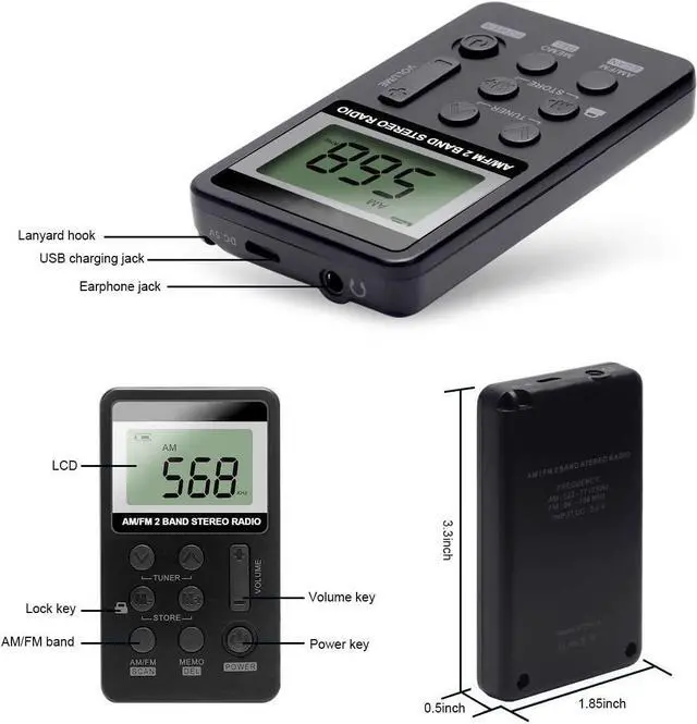 Alt view image 3 of 6 - Personal AM/FM Pocket Radio Portable, Mini Digital Tuner Walkman Radio with Rechargeable Battery, Headphones, Lock Screen for Walking/Jogging/Gym/Camping Electronics