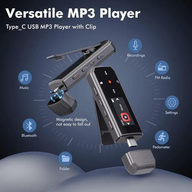 Alt view image 3 of 7 - 64GB Type-C USB MP3 Player with Bluetooth 5.3, Clip Portable Music Player with FM Radio, Voice Recorder, Exercise Pedometer, Digital Audio Random Playback A-B Repeat, Supports Cell Phone File Transfer