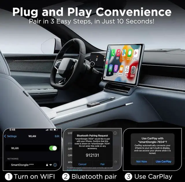 Alt view image 5 of 7 - Wireless CarPlay Adapter for Apple iPhone, Wireless Carplay USB Dongle Converter Wired Carplay to Wireless, Supports Online Updates Plug and Play, Suitable for Car Built-in Wired CarPlay (Carbon)