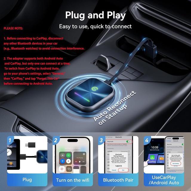 Alt view image 3 of 7 - Wireless CarPlay Adapter 2024 Upgraded, 2-in-1 Wireless CarPlay and Android Auto Adapter Converts Factory Wired CarPlay to Wireless, Plug and Play CarPlay Wireless Adapter, Compatible with iPhone/Andr