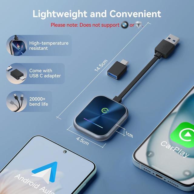 Alt view image 6 of 7 - Wireless CarPlay Adapter 2024 Upgraded, 2-in-1 Wireless CarPlay and Android Auto Adapter Converts Factory Wired CarPlay to Wireless, Plug and Play CarPlay Wireless Adapter, Compatible with iPhone/Andr