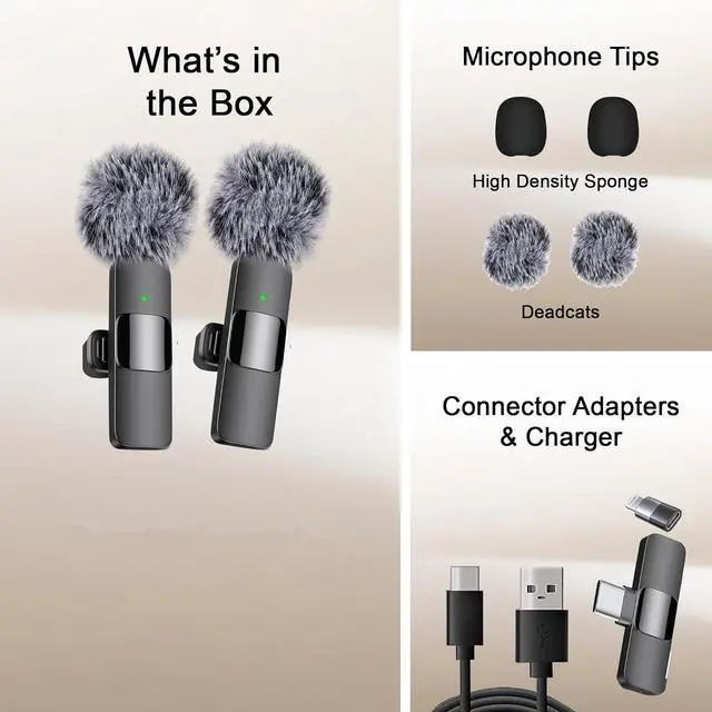 Alt view image 2 of 6 - Wireless Microphone for iPhone, iPad, Android, Lavalier Microphone for Video Recording - 2-Pack iPhone Microphone Crystal Clear Recording with USB-C for Podcast Microphone, ASMR