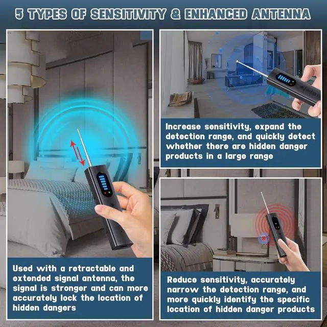 Alt view image 5 of 7 - Hidden Camera Detector, Spy Insect Camera Detector, Spy Infrared Mini Camera Detector GPS Tracker Listening Device Anti Spy Detector with 5 Modes and 5 Levels of Sensitivity for Hotel Airbnb Office Ba