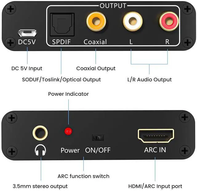 Alt view image 2 of 6 - HDMI ARC Adapter, HDMI ARC to Optical Coaxial RCA 3.5mm Jack Stereo Audio Extractor 192KHz ARC to RCA Audio Converter for HDTV Strip Speaker Amplifier