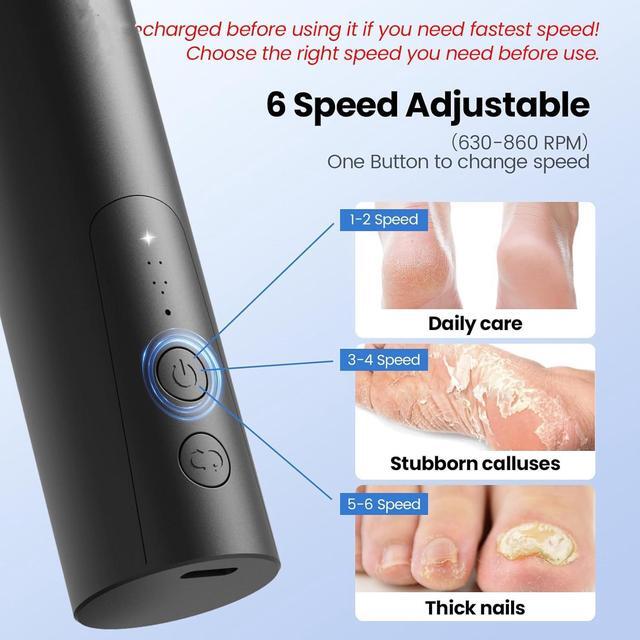 Alt view image 6 of 7 - Electric Foot Callus Remover, Electric Foot File Nail Grinder 2 in 1, Rechargeable Professional Foot Grinder Tool for Dry Dead Skin on Feet with Sandpaper Disc, 6 Speed Adjustable