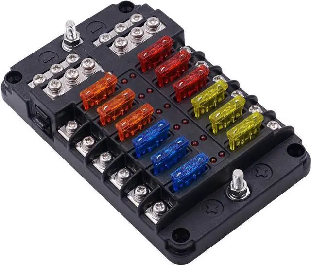 Main image of Marine Fuse Block Panel with LED Warning Indicator Moisture Shield - 12 Circuits with Negative Bus Fuse Holder Holder Screws for Automotive Marine RV Trucks DC 12-24V, Includes Fuse