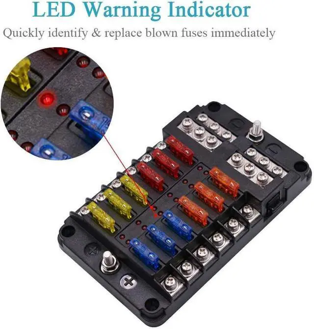 Alt view image 3 of 7 - Marine Fuse Block Panel with LED Warning Indicator Moisture Shield - 12 Circuits with Negative Bus Fuse Holder Holder Screws for Automotive Marine RV Trucks DC 12-24V, Includes Fuse