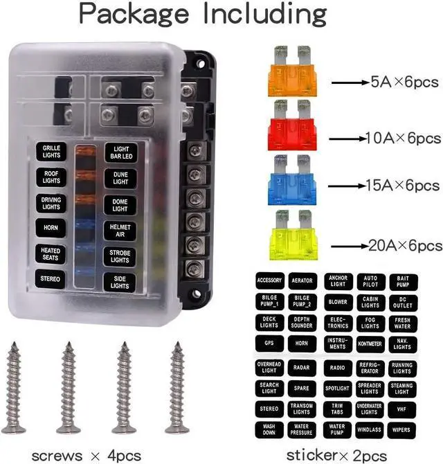 Alt view image 4 of 7 - Marine Fuse Block Panel with LED Warning Indicator Moisture Shield - 12 Circuits with Negative Bus Fuse Holder Holder Screws for Automotive Marine RV Trucks DC 12-24V, Includes Fuse