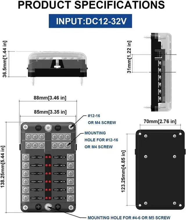 Alt view image 7 of 7 - Marine Fuse Block Panel with LED Warning Indicator Moisture Shield - 12 Circuits with Negative Bus Fuse Holder Holder Screws for Automotive Marine RV Trucks DC 12-24V, Includes Fuse