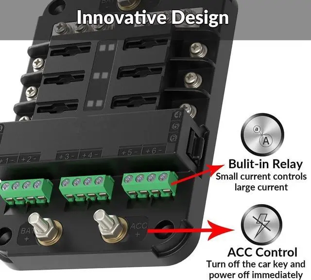 Alt view image 2 of 6 - 12V Fuse Block with Relay, Automotive 6-Circuit Fuse and Relay Block with ACC Interface, General Purpose Fuse Block and Relay Kit for Cars, Trucks, Marine
