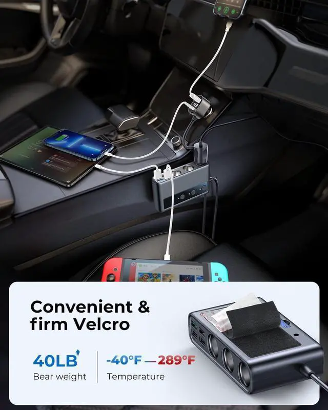 Alt view image 2 of 7 - 9-in-1 Cigarette Lighter Splitter, 210W Cigarette Lighter Adapter with PD/QC 3.0 * 2 Charging (3.3 ft. Cable), 12V/24V Individually Switched DC Cigarette Lighter Port Car Charger for All Automotive De