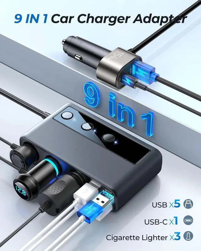 Alt view image 4 of 7 - 9-in-1 Cigarette Lighter Splitter, 210W Cigarette Lighter Adapter with PD/QC 3.0 * 2 Charging (3.3 ft. Cable), 12V/24V Individually Switched DC Cigarette Lighter Port Car Charger for All Automotive De